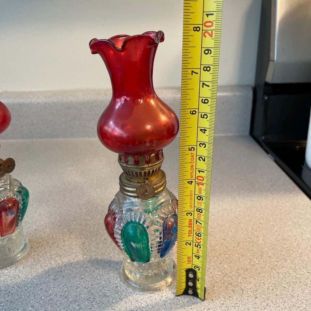 Pair of Vintage Mini Glass Oil Lamps Red Cranberry Chimney Hand Painted Pair - Picture 13 of 13